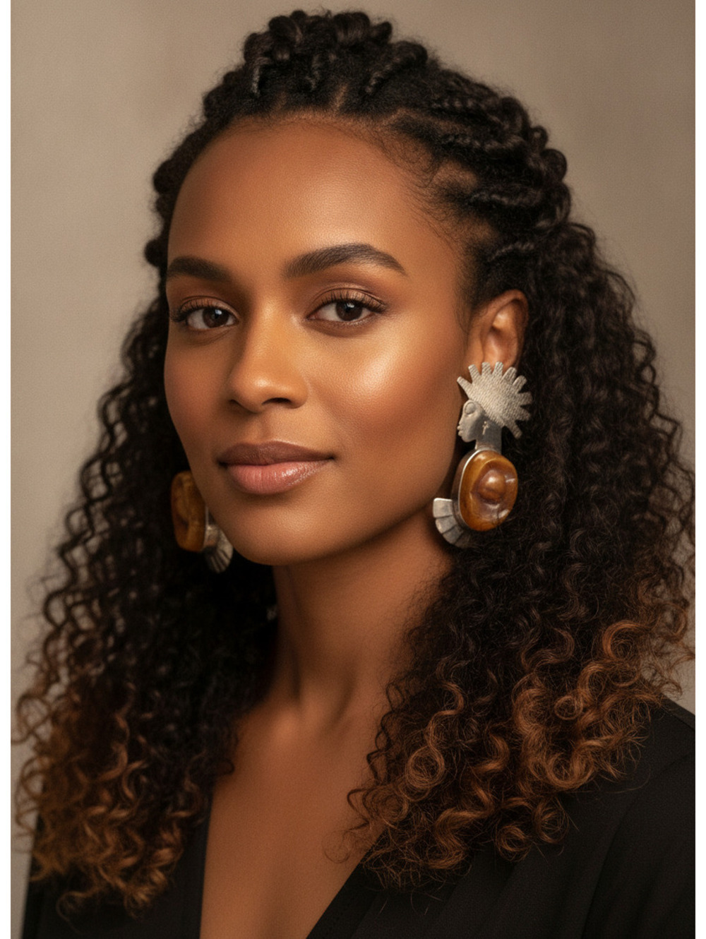 Vintage Chunky Amber and Silver Afrocentric Earrings, Over 3" Statement Jewelry